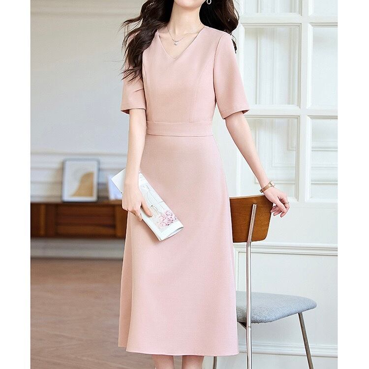 通勤 Vネック半袖ブラックワンピース ◆2col YH9409