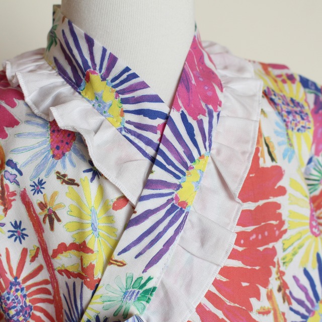 100サイズ【甚平】 Pink フリル襟　ひまわり