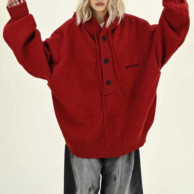 hooded button knit　フード付きボタンニット　J0411