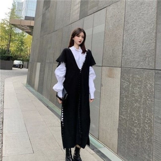 セットアップ レディース 送料無料  ニットベスト シャツワンピース ツーピース セットアップ  Vネック ロングカーディガン ロングシャツ ワンピースセット レイヤードスタイル おしゃれ スタイル 小顔見せ 着痩せ 体形カバー インスタ トレンド きれいめ かわいい  エレガント フェミニン お出かけ オフィス  通勤 OL ニット 伸縮性  キュート ガーリー 大人かわいい S M L XL スタイルアップ  フリンジ  セーター  秋冬 ラフ ゆったり ルーズ こなれ感 レイヤード ブラック