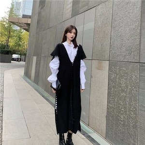 セットアップ レディース 送料無料 ニットベスト シャツワンピース ツーピース セットアップ Vネック ロングカーディガン ロングシャツ ワンピースセット レイヤードスタイル おしゃれ スタイル 小顔見せ 着痩せ 体形カバー インスタ トレンド きれいめ かわいい エレガント フェミニン お出かけ オフィス 通勤 OL ニット 伸縮性 キュート ガーリー 大人かわいい S M L XL スタイルアップ フリンジ セーター 秋冬 ラフ ゆったり ルーズ こなれ感 レイヤード ブラック