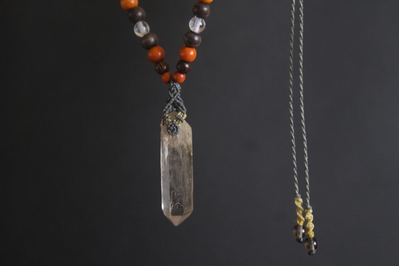 Himalayan crystal micro macrame wood pendant