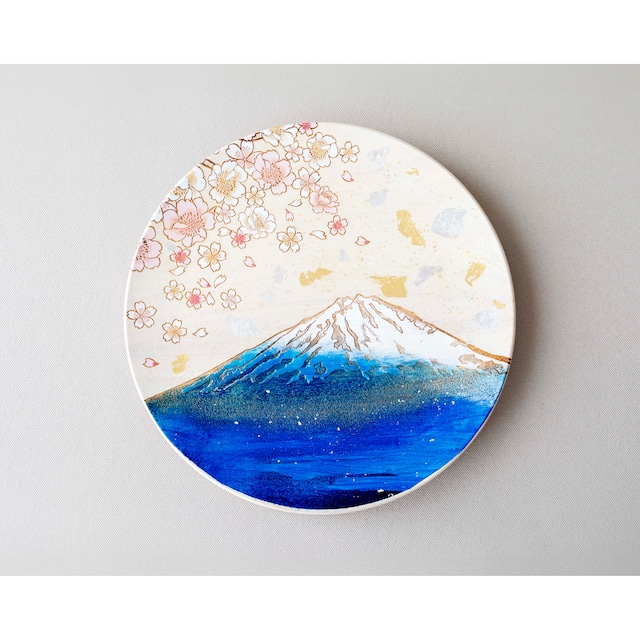 【飾り皿】青富士に桜 Ornamental plate for wall hanging