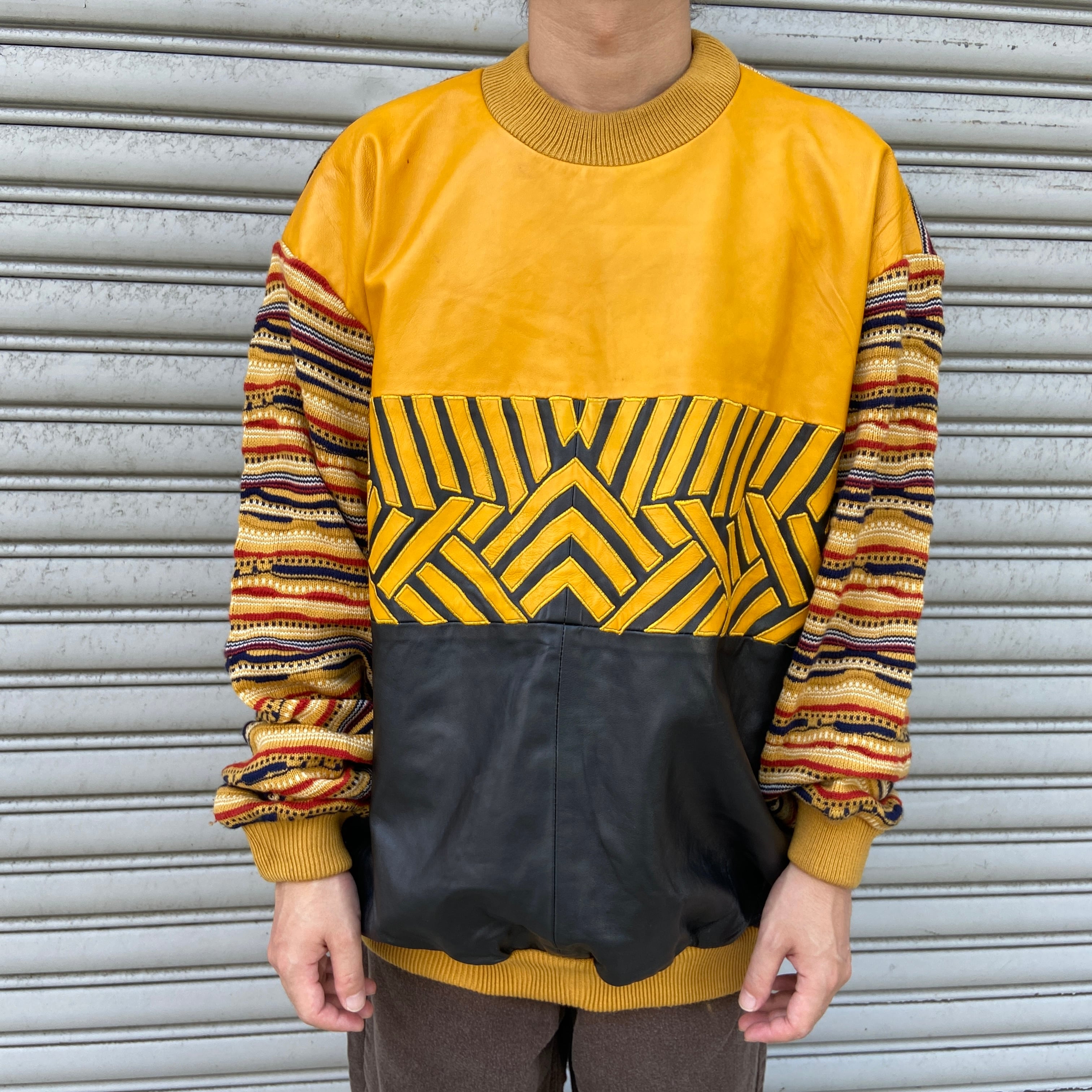 希少 90s レザー切り替え3Dニット デザインセーター クージー風 黄 4XL 
