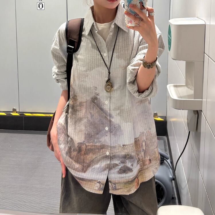 プリント オーバーサイズ 長袖 シャツカラー シャツ L00139