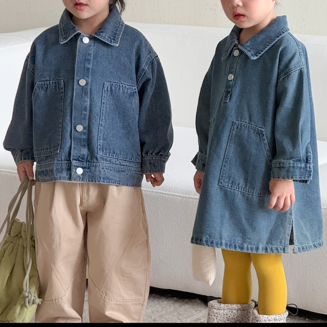 【80-150】秋デニム長袖ジャケット ワンピース風デザイン ベビー キッズ