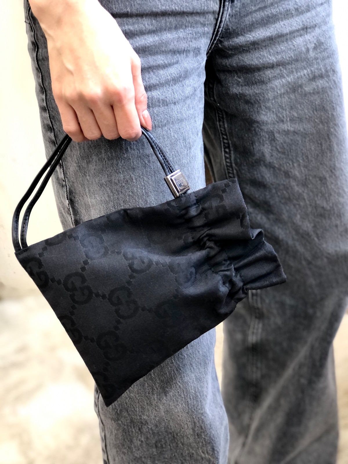 GUCCI グッチ ジャンボGG 巾着 ミニバッグ ハンドポーチ ブラック 