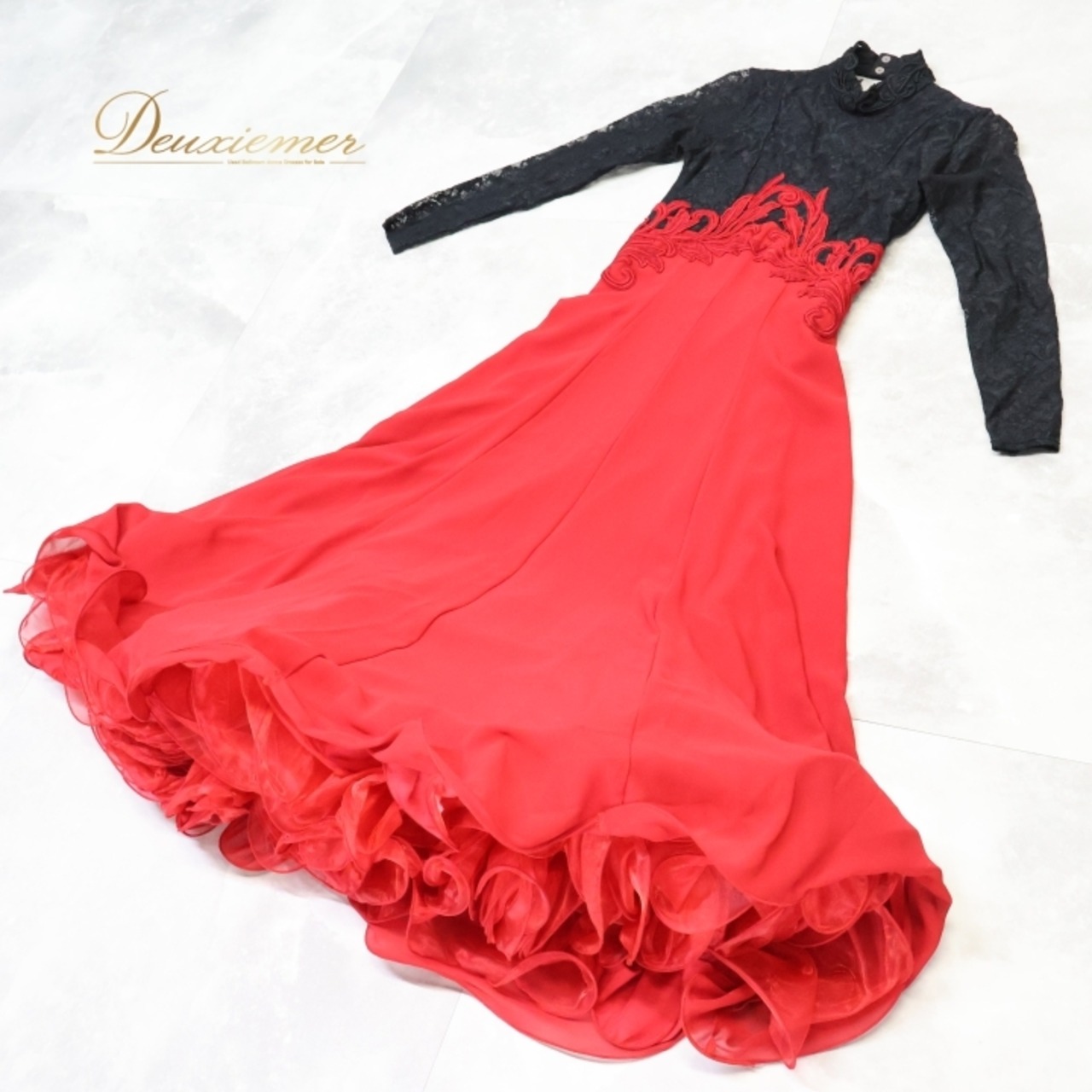 社交ダンス 衣装 Chacott チャコット スタンダードドレス ワンピース ドレス 赤 黒 フリル レース パーティドレス 綺麗 上品 ダンス 発表会 ブラック系 レッド系 フレア スカート モダンダンス エレガント レディース おしゃれ シンプル 日本製