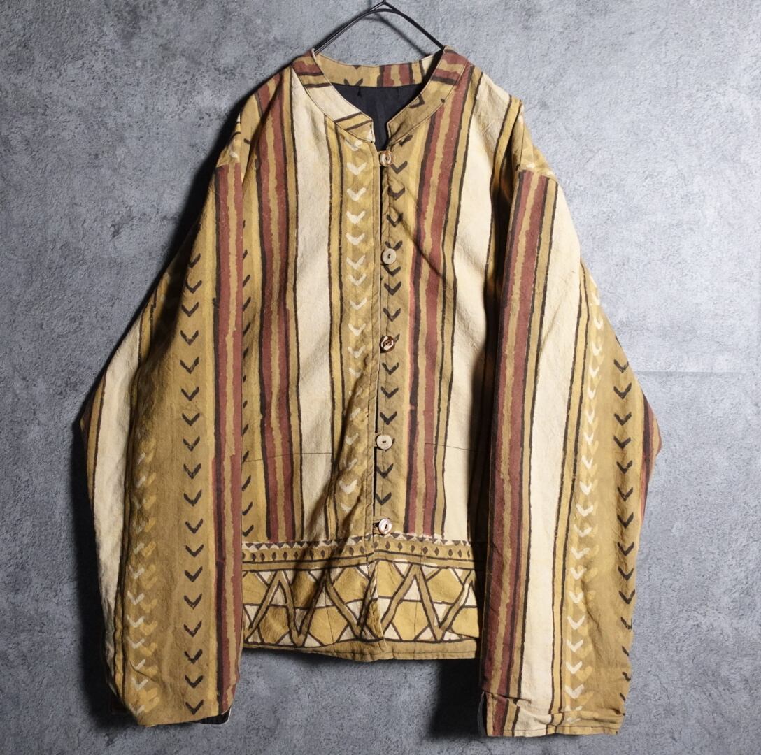 striped collarless reversible jacket