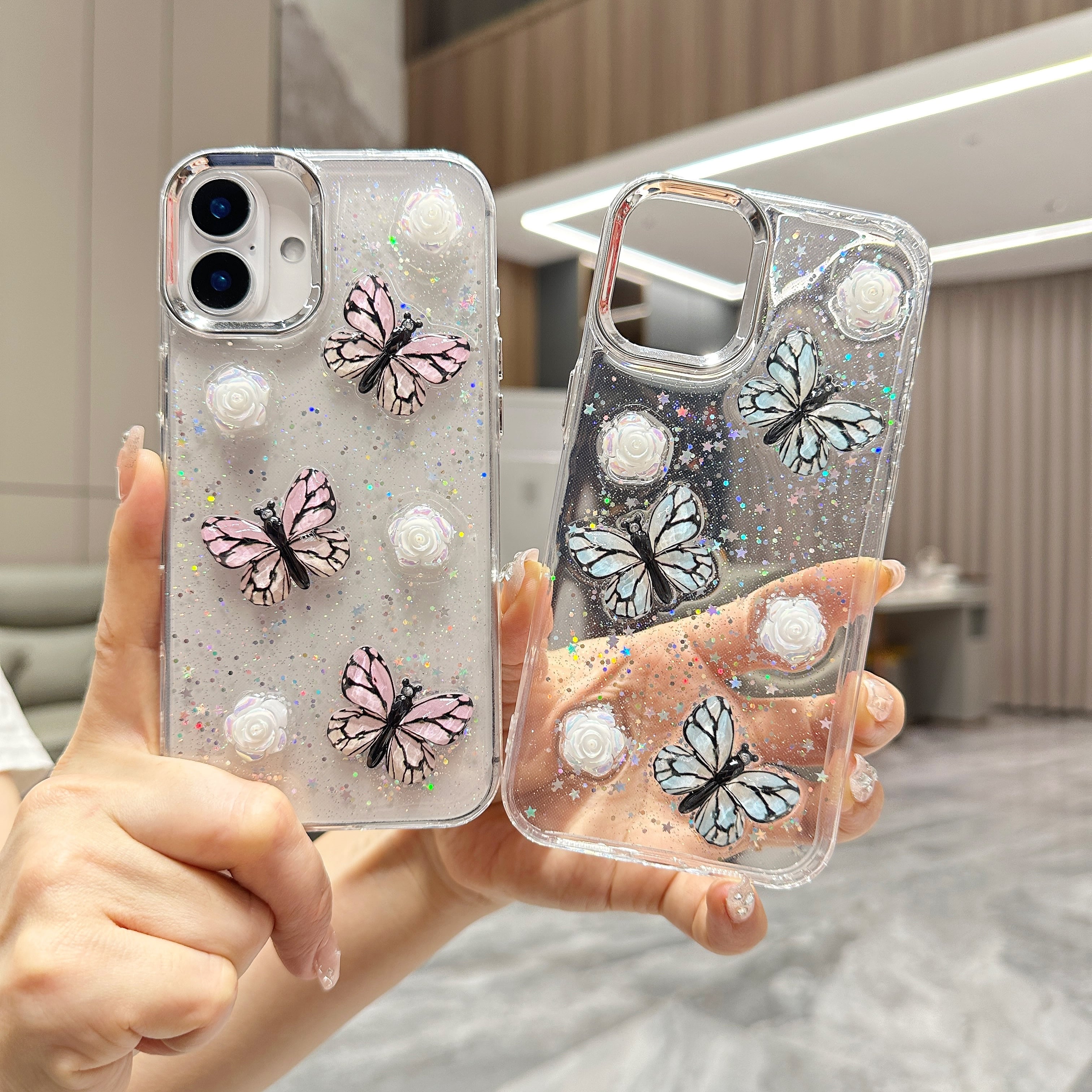 蝶の標本 17頭　ガラスケース入り 立体 蝶々 iPhone 17 16 15 14 13 12 ケース クリア おしゃれ