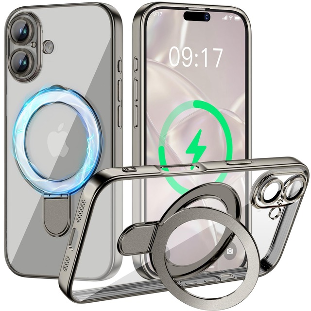 iPhone 17用 ソフトケース メッキバンパー カメラ完全保護 MagSafe対応 スタンド一体型 ストラップホール付き「グレー」