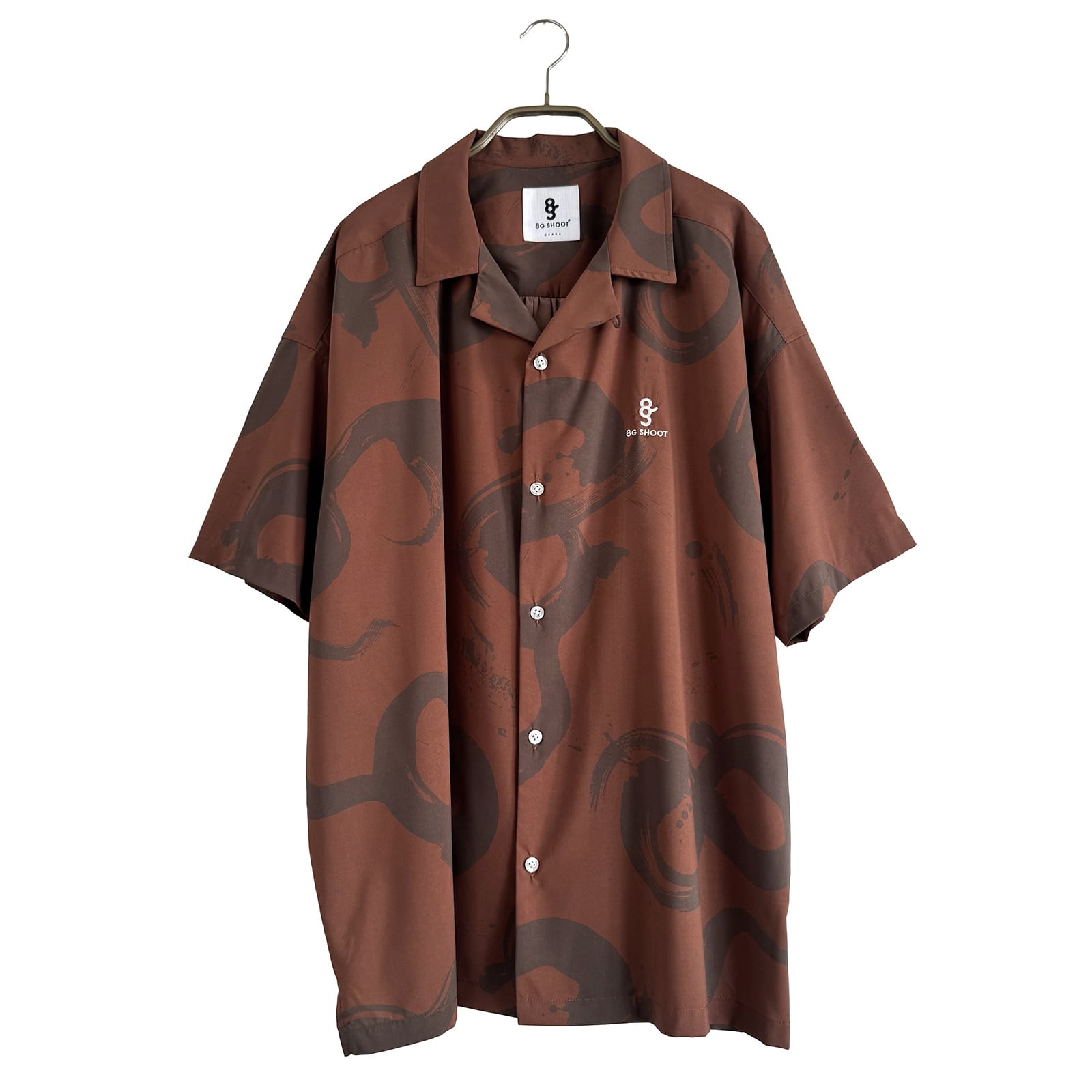 CALLIGRAPHY PATTERN OPEN COLLAR SHIRTS -BROWN-
