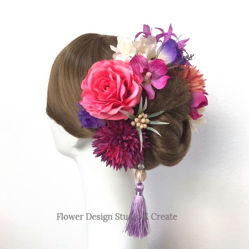 和装婚・成人式に♡フーシャーピンクの薔薇とマムのヘッドドレス（13本セット）　紫陽花　卒業袴　結婚式　成人式　着物髪飾り　前撮り　和装婚　ヘッドドレス　花嫁ヘア　