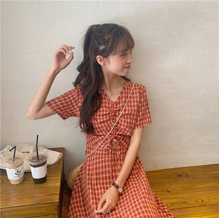 Platycodongrandiflorumスカートは細い蝶結びの巾着レースチェック柄ドレス2019新しい夏のスタイルのミドル丈の女性のスカートのトレンドです 萌量不足95164304620