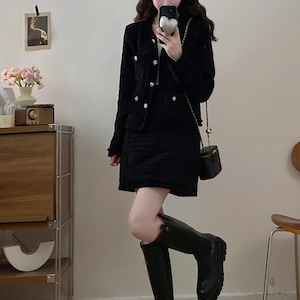 【2点セット】2色/ゴールドボタンノーカラーツイードジャケット+スカート ・73353 【2点セット】2色/ゴールドボタンノーカラーツイードジャケット+スカート ・73353