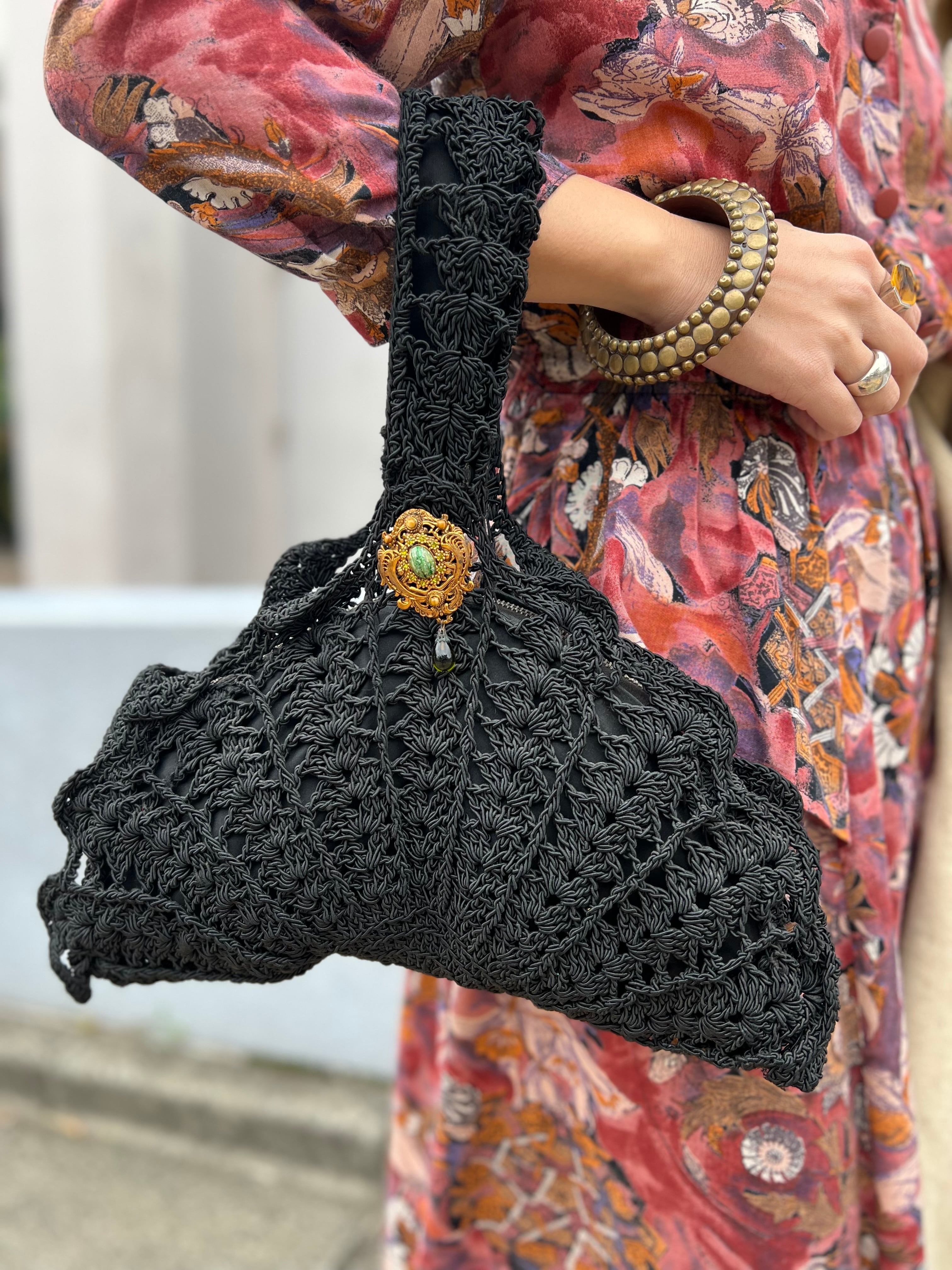 40s-50s handmade crochet simple bag ( ヴィンテージ ブラック