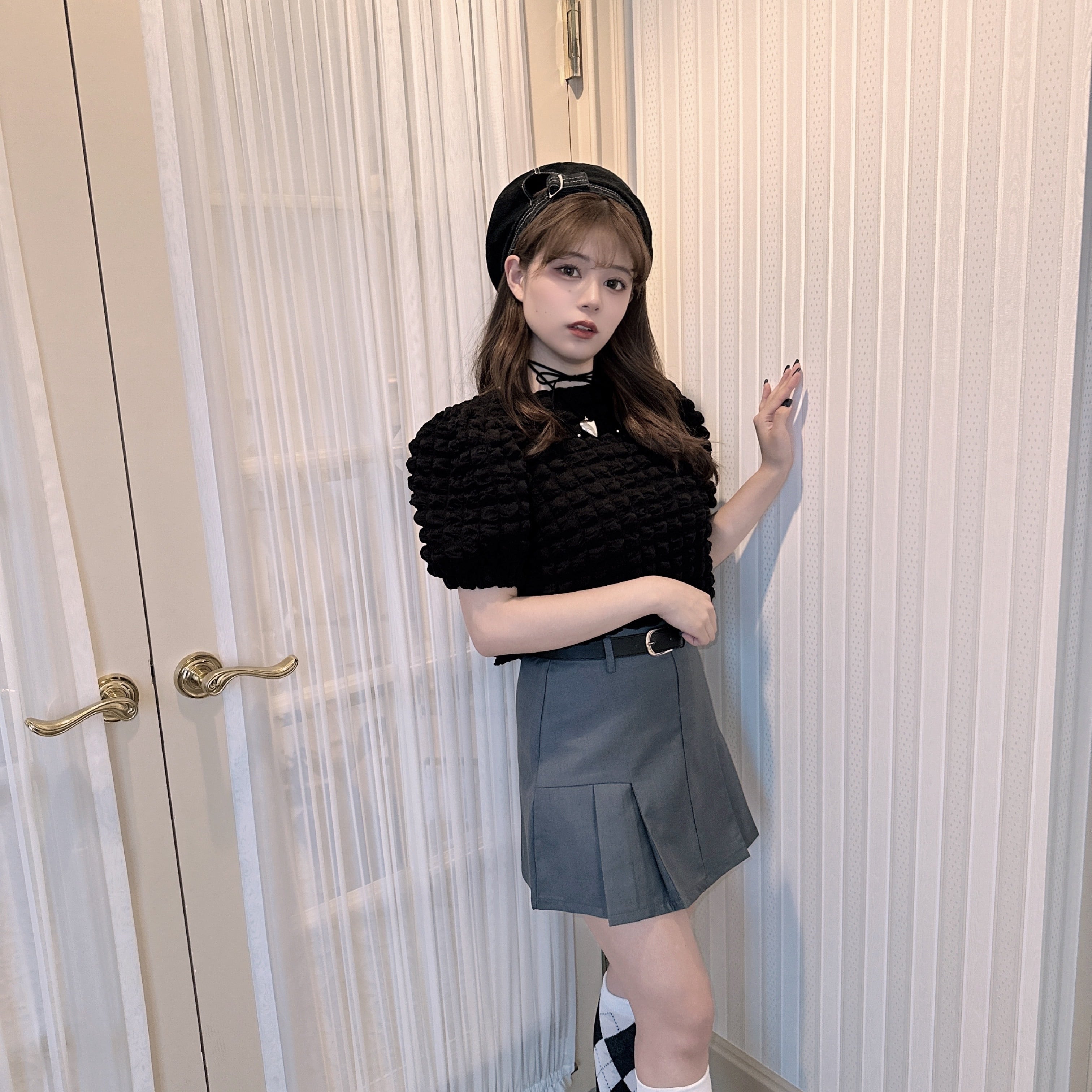 【LAST2】tuck pleats belt skirt-BROWN