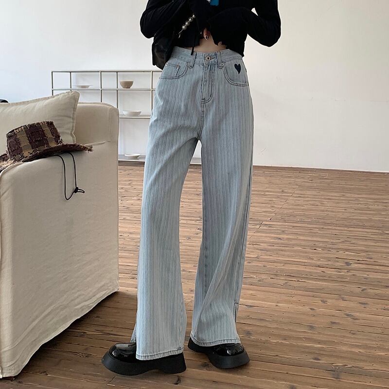 ジーンズ ハイウェスト薄手パンツ オータムルーズ レッド 秋物 萌量不足44293247914