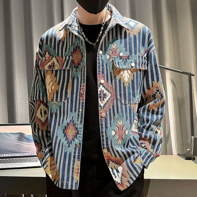 【予約販売】ブルゾン アウター デニム Gジャン オルテガ柄 ストライプ ブラック ブルー メンズ お洒落 こなれ感 カジュアル ベーシック 秋 春 大きいサイズ M/L/XL/2XL/3XL