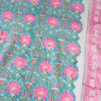 ブロックプリント生地【50cm単位】インド綿 片耳ボーダー付き 花柄B エメラルドグリーン×蛍光ピンク #19537-GR3【再入荷】