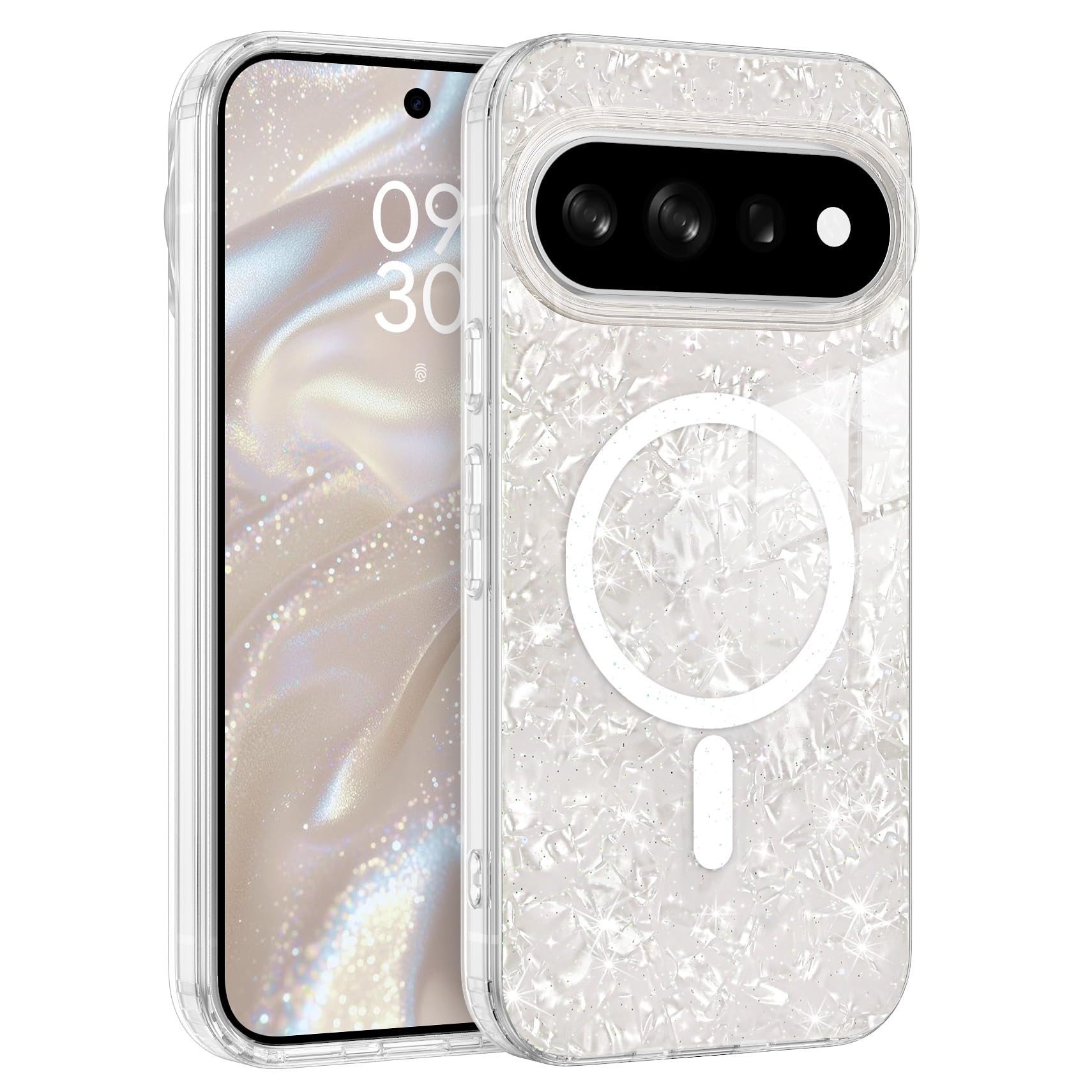 YINLAI Google Pixel 11 / 11 Pro 対応 ケース カバー マグネット シェル キラキラ ホワイト ストラップホール付き