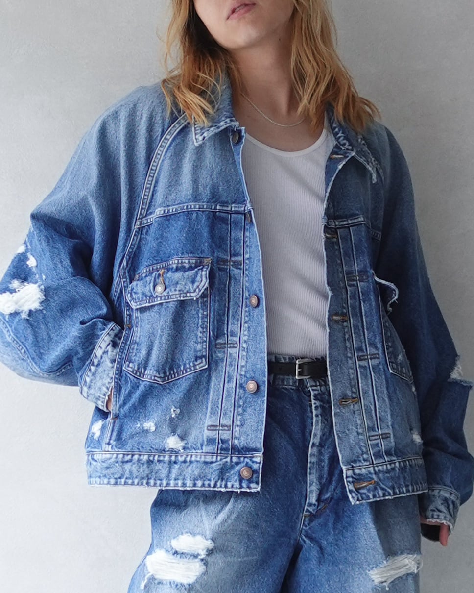 my beautiful landlet RIPPED DENIM RAGLAN BIG JACKET BLUE | nua