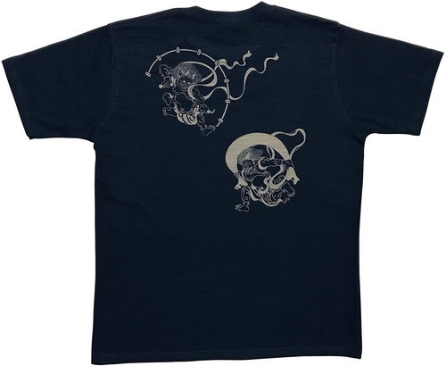 [江戸てん]Tシャツ 6.8オンス 和柄 味のあるスラブ生地に抜染しました メンズ 風神雷神　紺