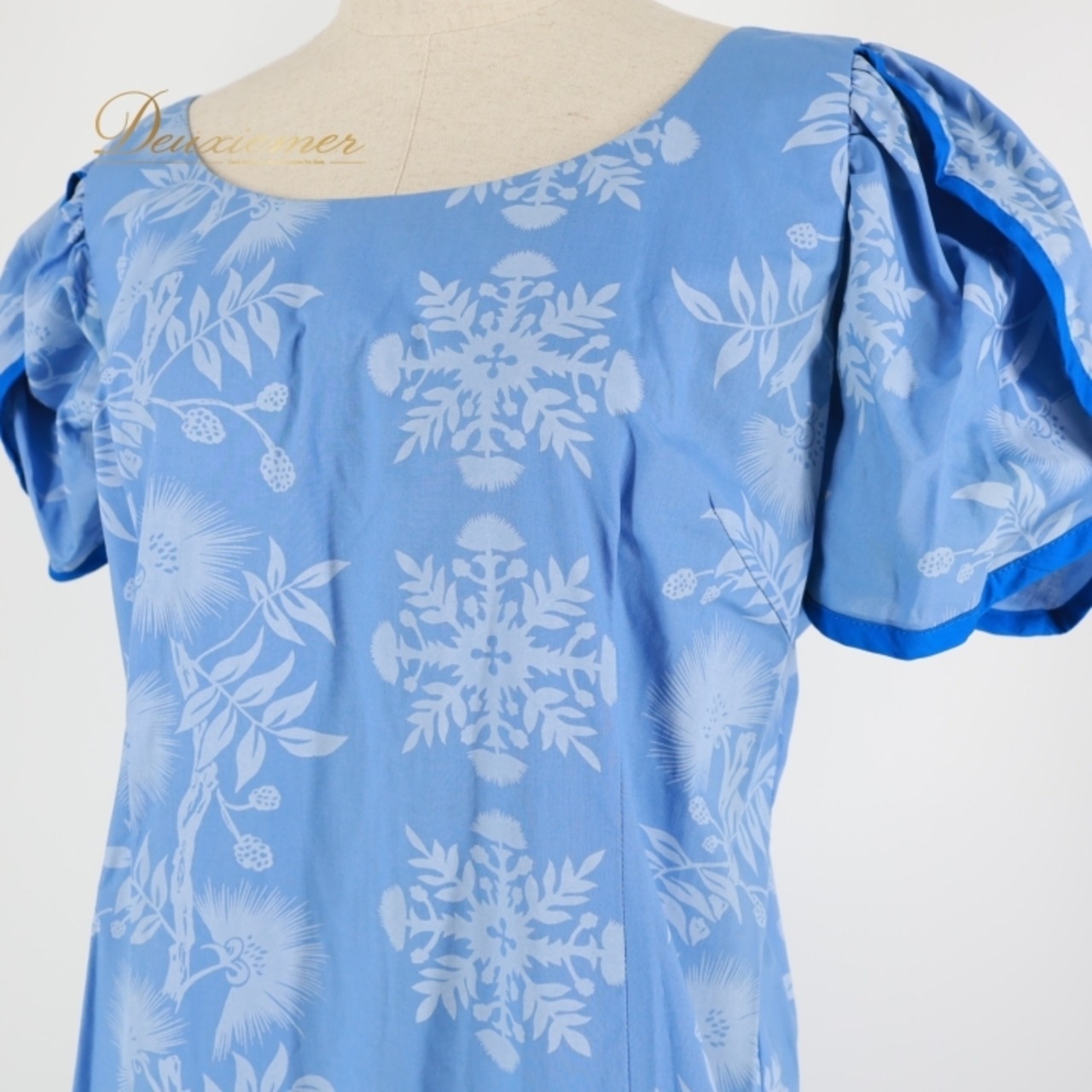 フラダンス 衣装 ワンピース ドレス ブルー系 パフスリーブ ロングワンピース フリル ワントーン 花柄 可愛い 華やか 明るい ふわふわ ハワイアン アロハ ハワイアンプリント フラ ダンス レッスン 練習