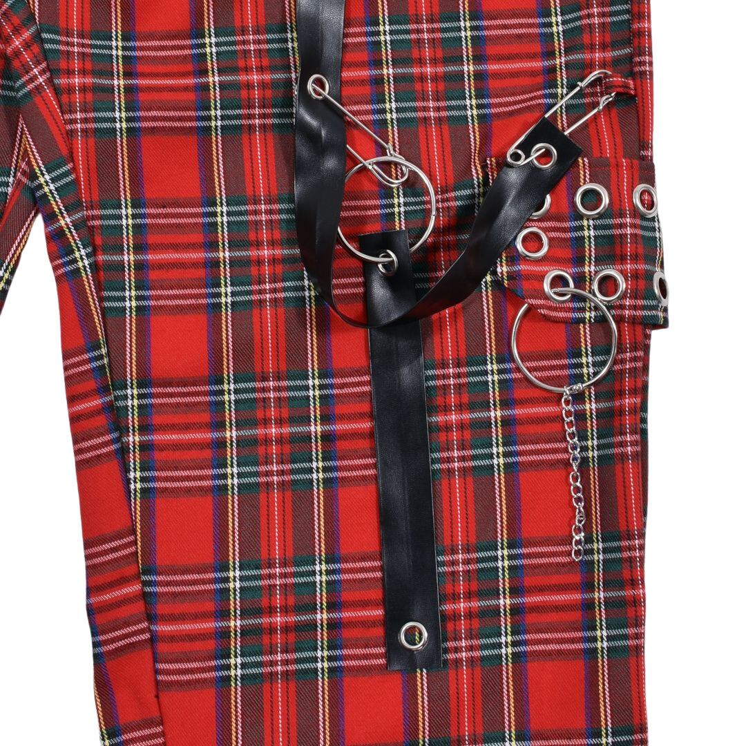 BIGシルエット☆リング×チェーン付きチェックパンツ(RED