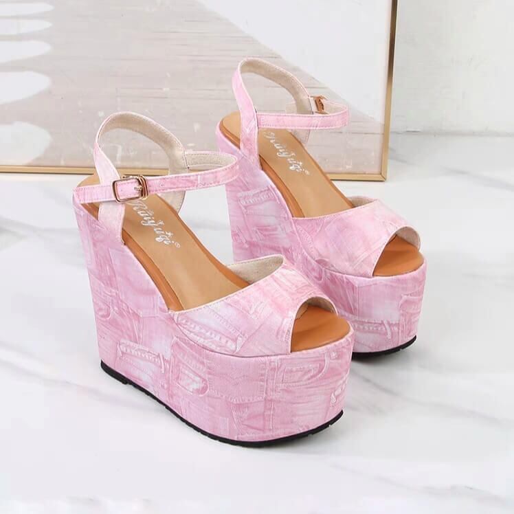 選べるヒール高さ》美脚スイートウェッジソールサンダル ピンク【10cm