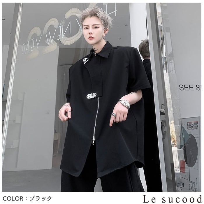 Still Water シャツ 半袖 ジップ 肩パッド XL 黒 ブラック Le sucoodお支払い確認後20日以内発送肩パッド入メタルバックルシャツジャケット 肩パッドシャツ ショルダーパッドシャツ デザインシャツ  カジュアルシャツ オーバーサイズ ゆったり ビッグシャツ 半袖 変形 無地 モノトーン パンク ロック メンズ モード系 ストリート サロン系