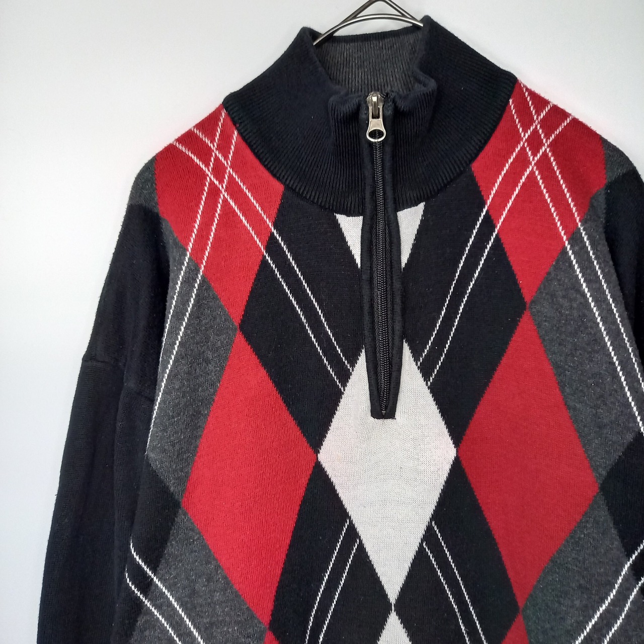 00s　XG　ハーフジップ　コットンニット　セーター　薄手　ハイゲージ　アーガイル　ブラック　XL