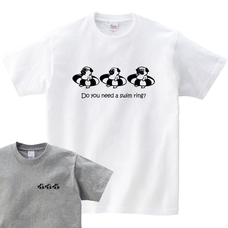 三つ子のパグ 海水浴 Tシャツ dog86 海 夏休み 犬 ブヒ ゆるい 手描きイラスト パグ 犬好き 犬服