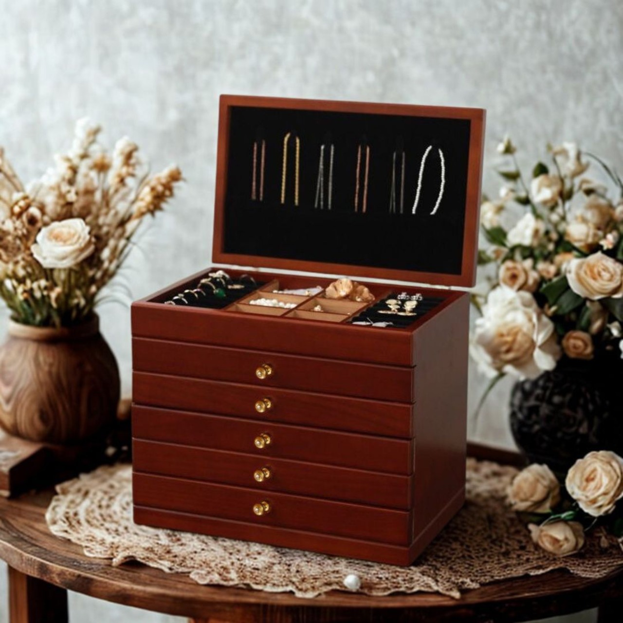 木のジュエリーボックス ジュエリーボックス ６層 大型アクセサリーボックス アクセサリー収納 ブレスレット リング ピアス ネックレス イヤリング 木製 卓上収納 北欧 木製家具