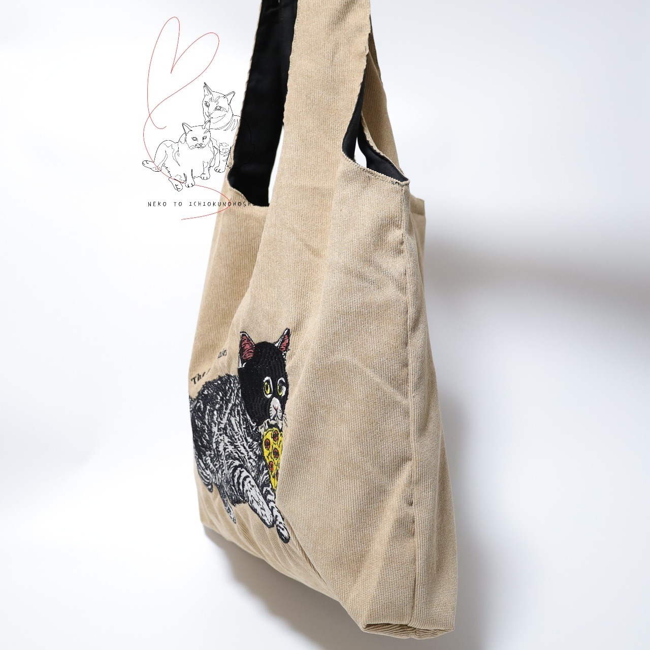 Jubilee 猫デザイン刺繡コーデュロイトートバッグ ベージュ