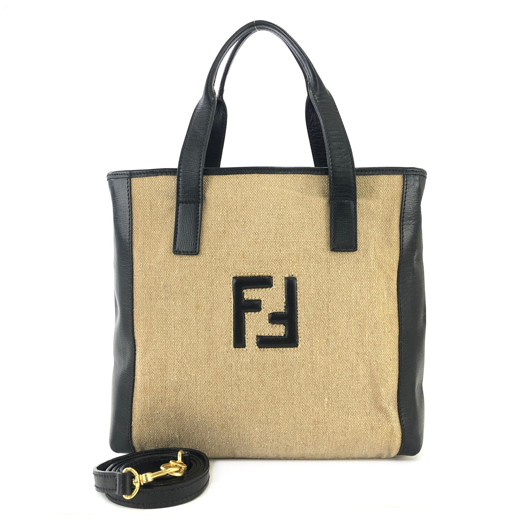Fendi FFロゴ ハンドバッグ ベージュ/ブラック キャンバス/レザー