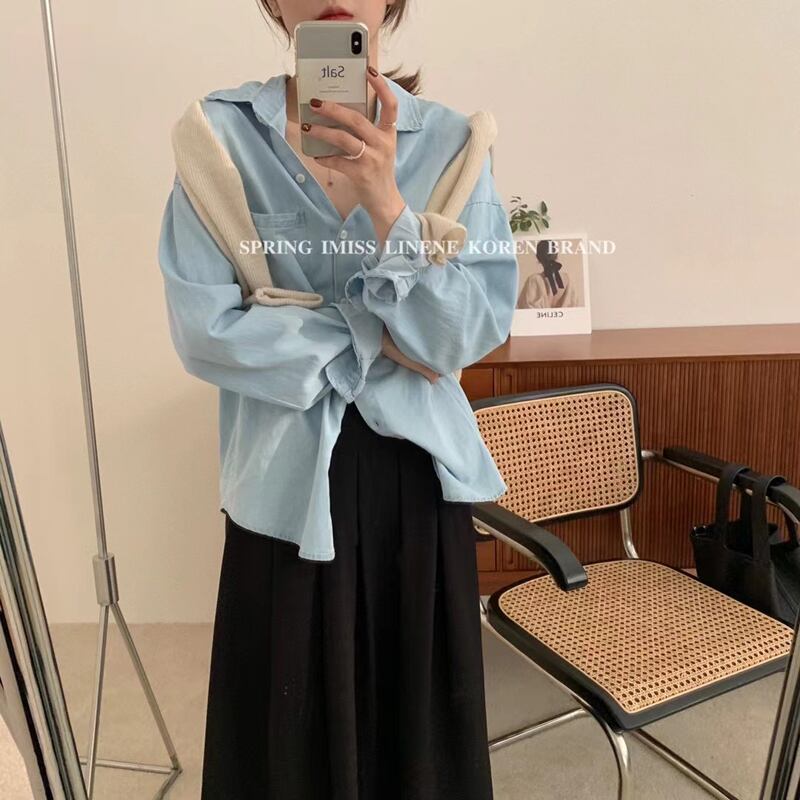 カラースタンダードシャツ ルーズスプリング ロング レトロ 春物 ビッグFスモールZ韓国2899914361