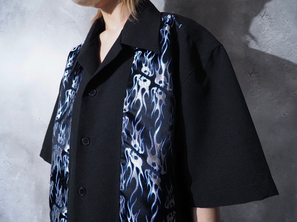 Skull × Flame pattern Satin switching vintage loose Open callar SS shirt