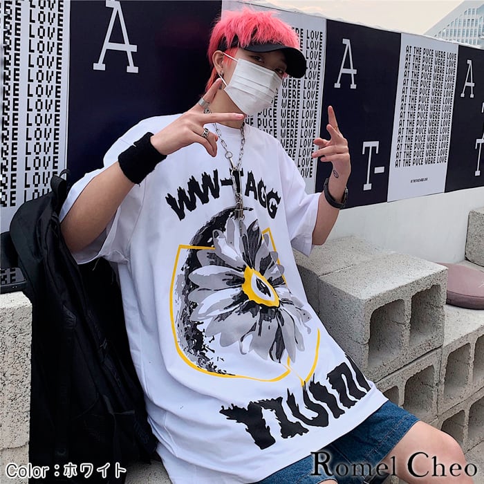 病みうさ オーバーサイズ 半袖 Tシャツ ゆったり ゆるだぼ 韓国 青 XL 売り出し純正品