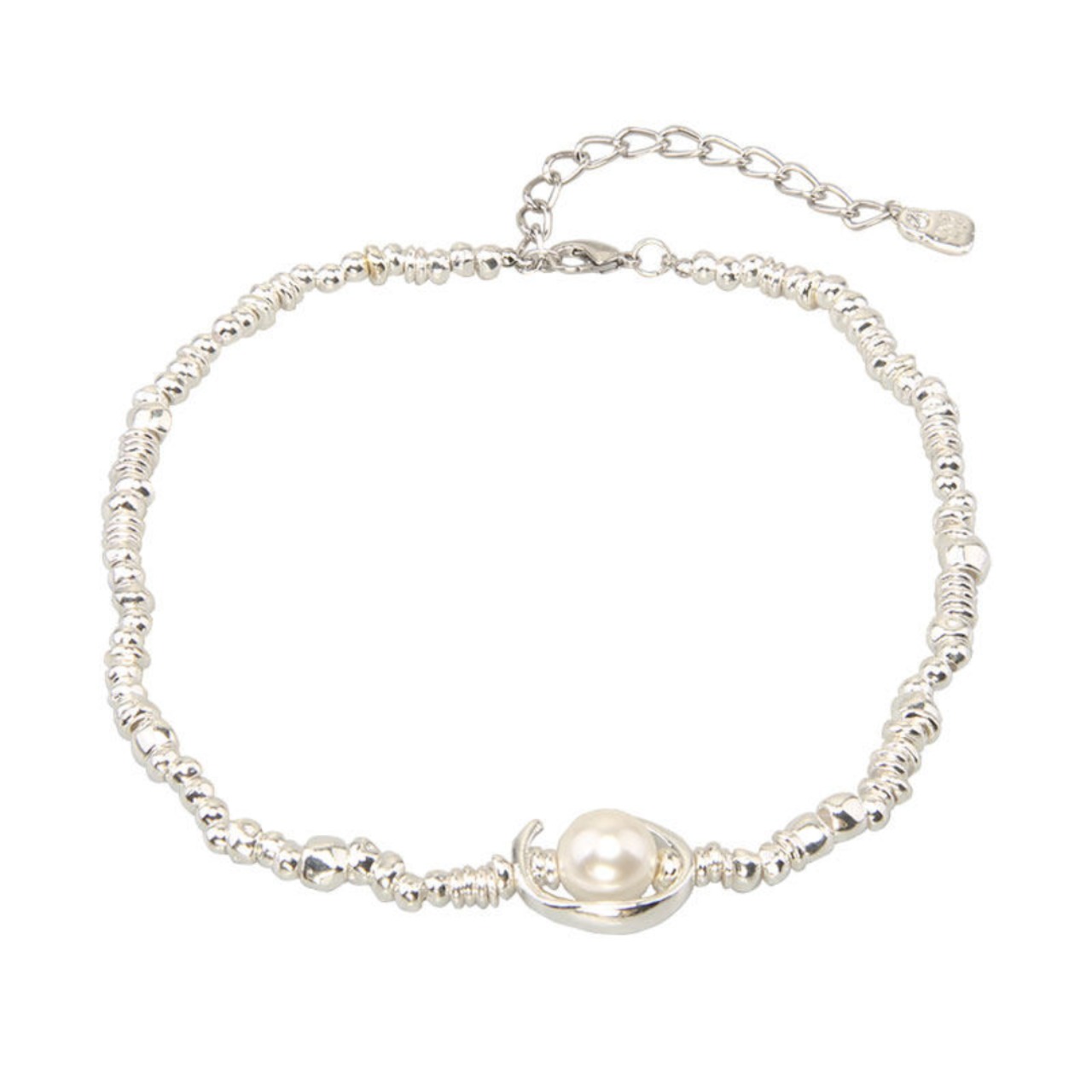 Silver half-moon shaped pearl patchwork necklace (ME387)