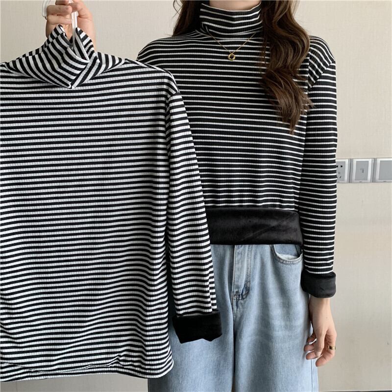 Tシャツ シャツ オータムウィンタースタイルストライプカラーベルベットトップス 秋物 冬物 1号婦人96310359185