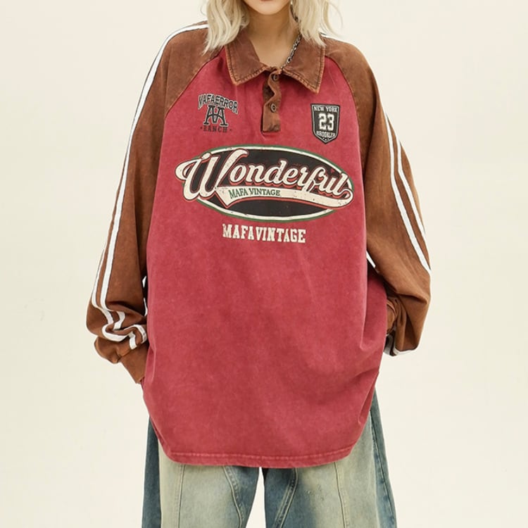 オープンカラー 長袖 オーバーサイズ ポロシャツ ◆2col L00066