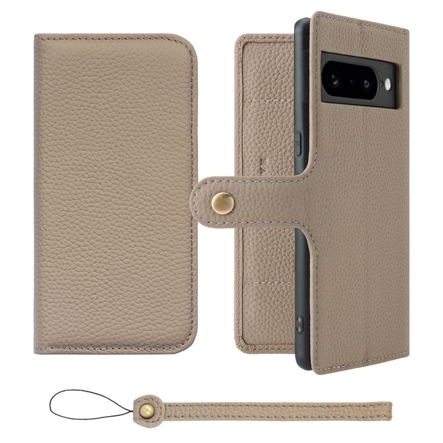 HANATORA for Google Pixel 7Pro ケース 手帳型 本革 スマホケース スマホ スタンド ストラップ 付き シュリンクカーフレザー ベルトあり マグネットなし グレージュ H0XB-GP7Pro-Grege ギフト 誕生日 女性 男性 彼女 お母さん お父さん 人気商品 30代 40代 50代 60代 70代