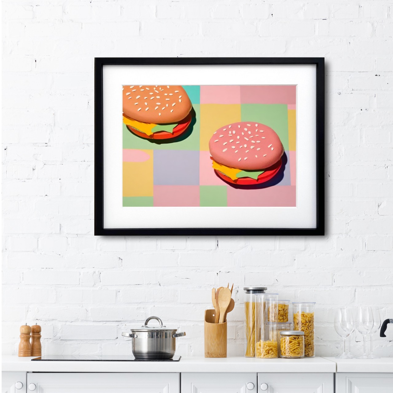 Hamburger｜ポップでカラフルなハンバーガーアートポスター｜遊び心あふれるコンテンポラリー作品・額縁付き国内生産A2ポスター