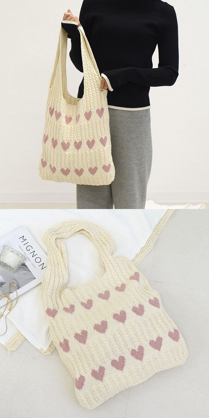 トートバッグ♡ メール便】ハートニットトートバッグ／bag281 | DAY CLOSET