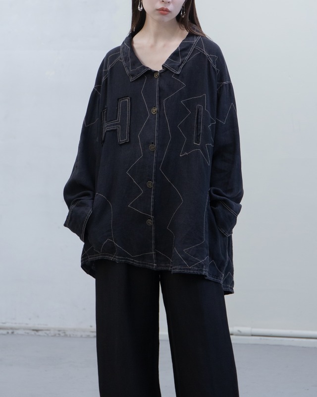 1990s - geometric stitching linen wide shirt