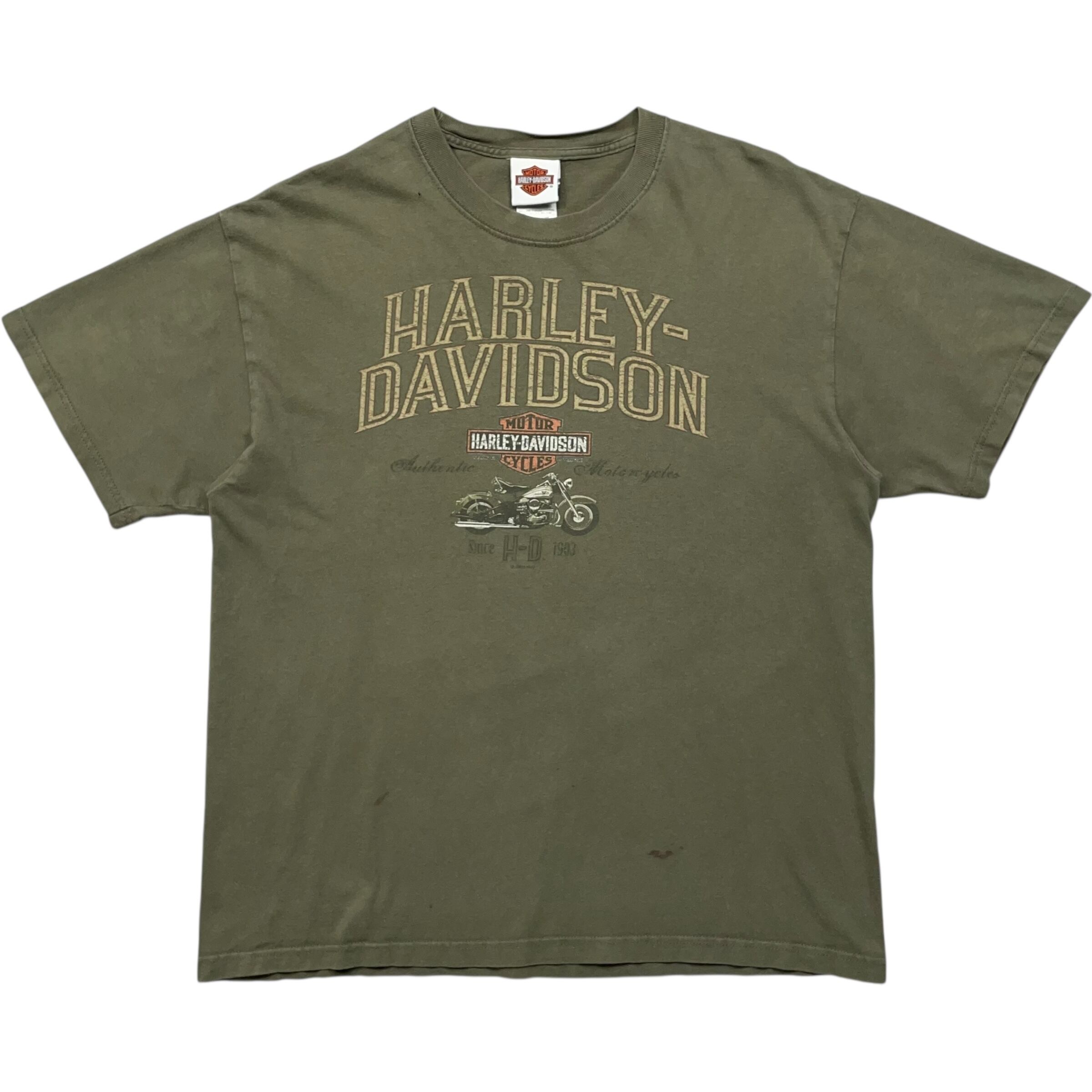 《L》Harley-Davidson ハーレーダビッドソン Hanes ヘインズ Tシャツ 両面プリント カーキ USA製 no.7670