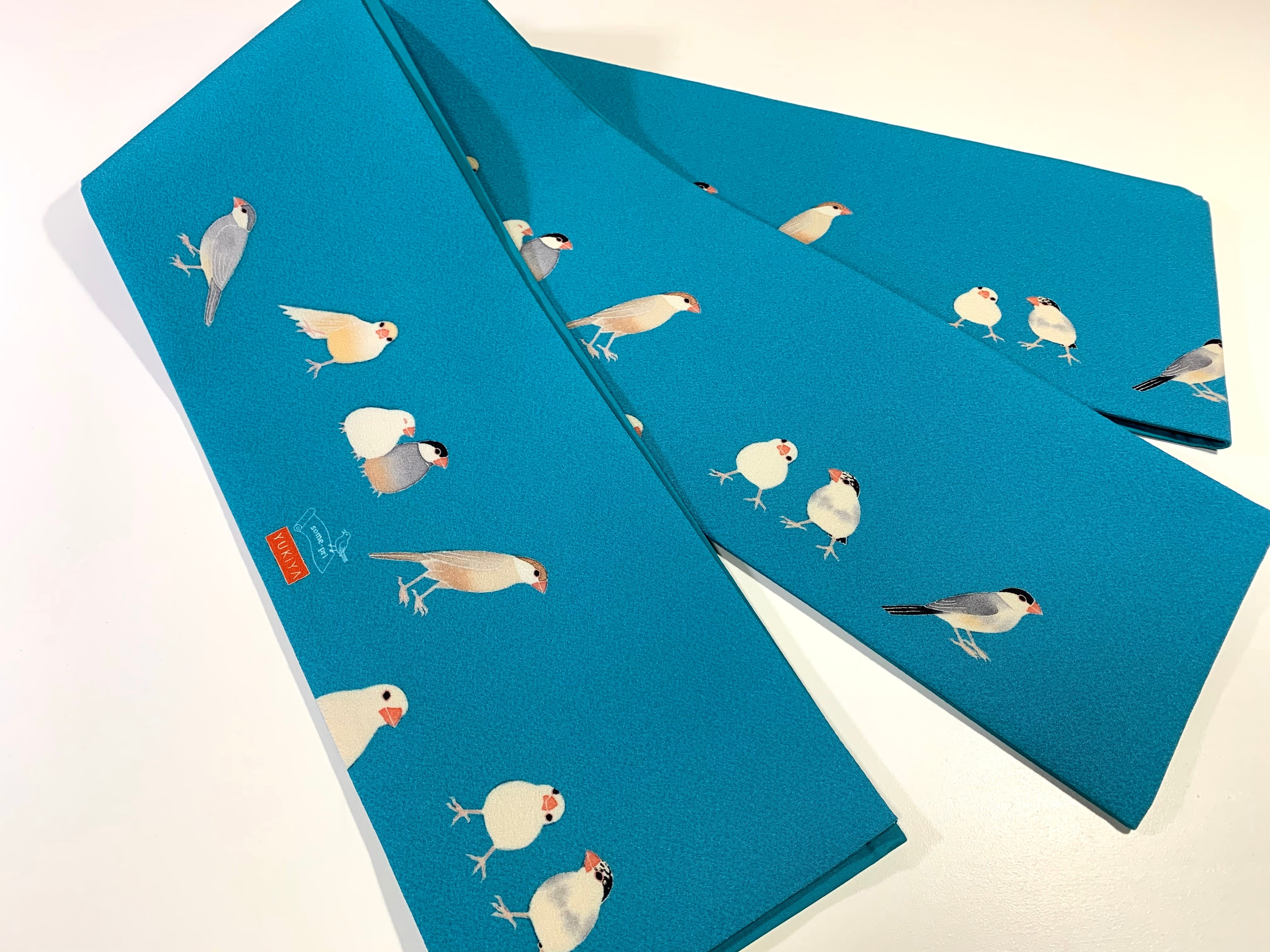 some-pri 半幅帯「文鳥図鑑」浅葱色 | 染工房ユキヤオンラインショップ