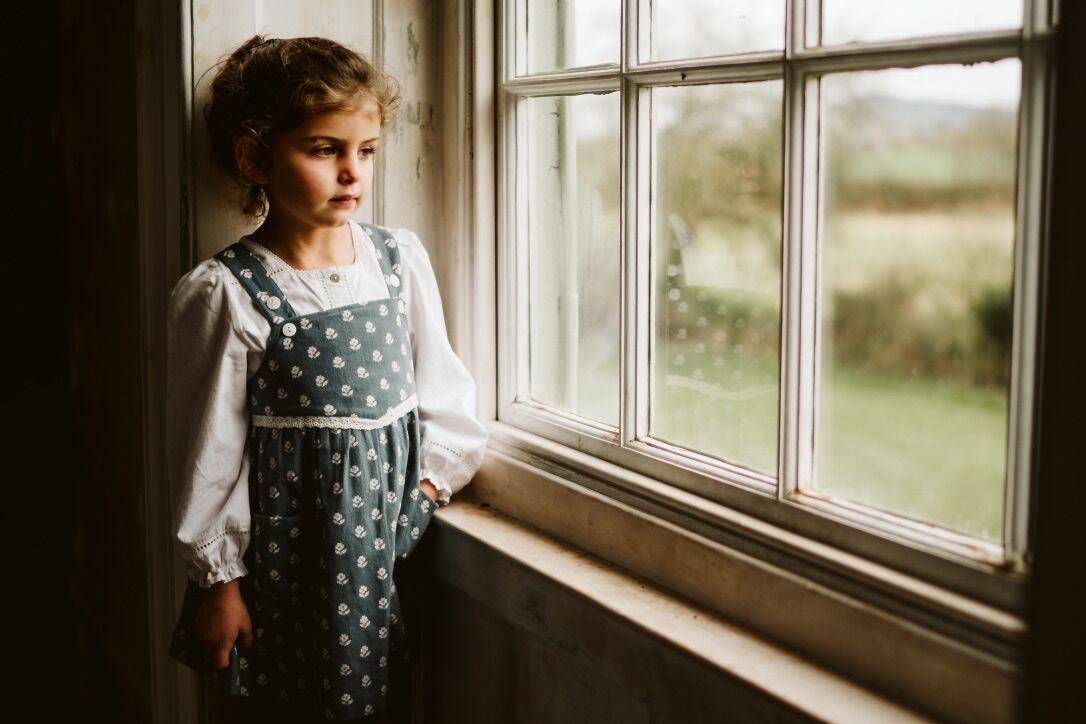 little cotton clothes Tabitha Pinafore - upsy daisy floral on moss crepe