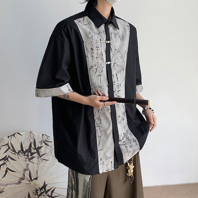 【ZHUIYIシリーズ】★チャイナ風トップス★ 3color シャツ 半袖 男女兼用 メンズ 竹柄 中華服 個性的